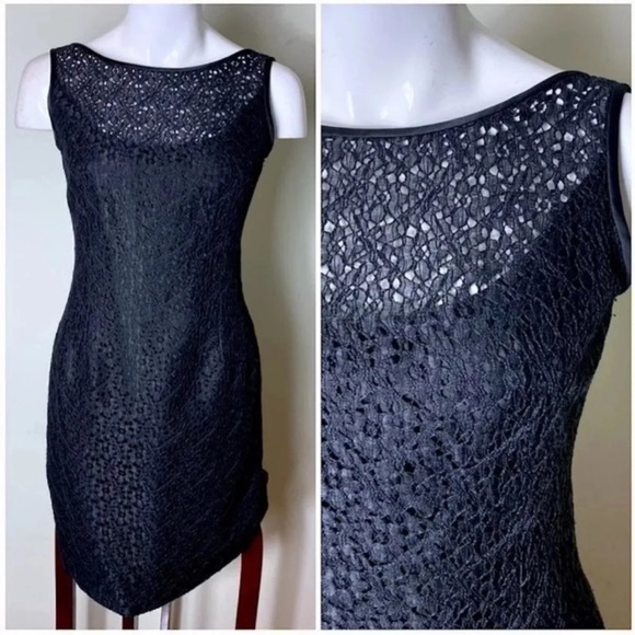 Trio New York Black Sheath Crochet Floral Lace Scoop Midi Dress Size 6 Medium - Picture 1 of 4